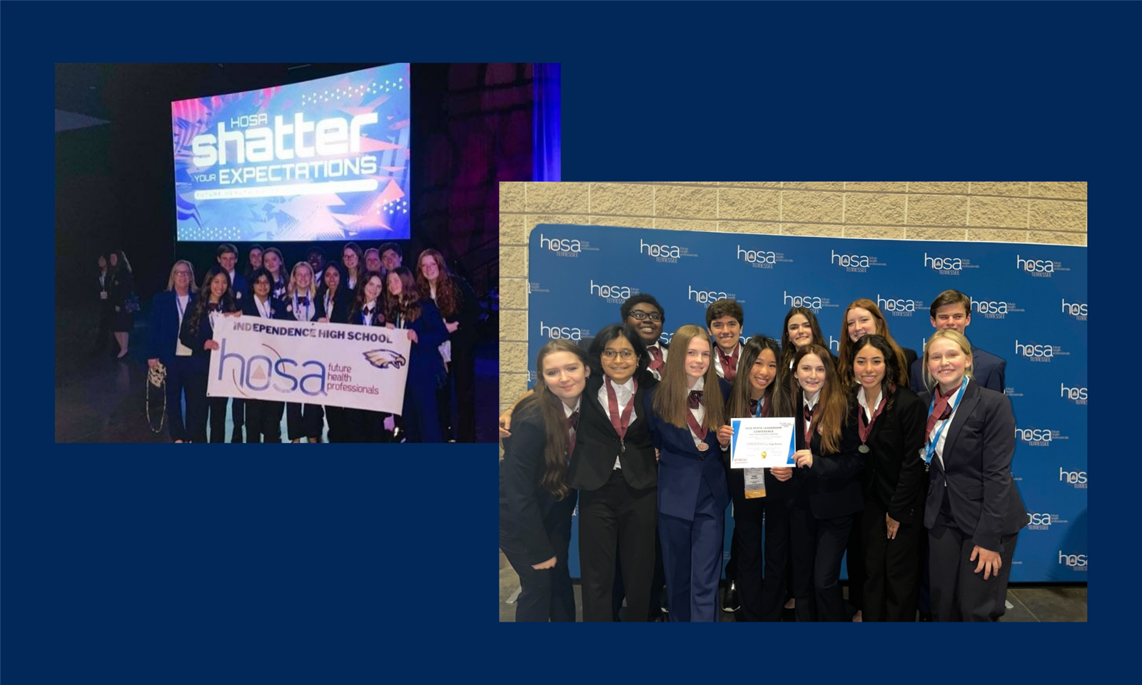 Students hold certificates and banners at the State HOSA Conference